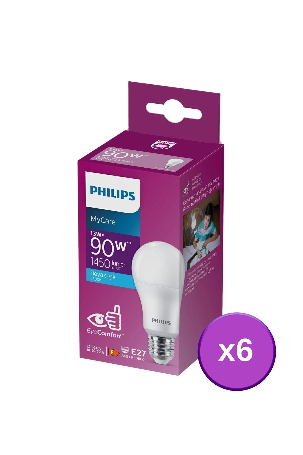 Philips E27 LED Ampul 13W (100W Eşdeğeri) 6500K Beyaz Işık | 6 Adet Uzun Ömürlü LED Seti